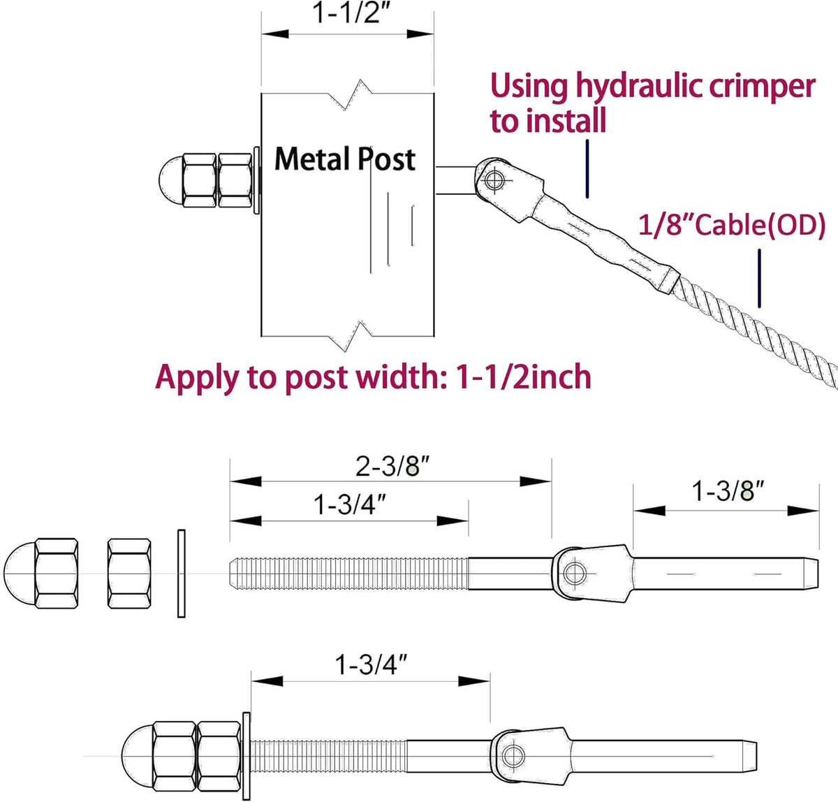 1/8 Inch T316 Stainless Steel Adjustable Cable Railing Kit for 1.5 Inch Metal Post, 20 Pack A853