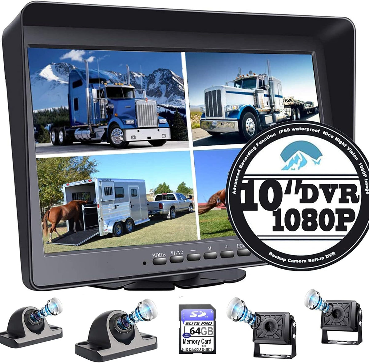 10.1 1080P Backup Camera Monitor with Built-in DVR 4 Split Large Screen IP69 Waterproof N226
