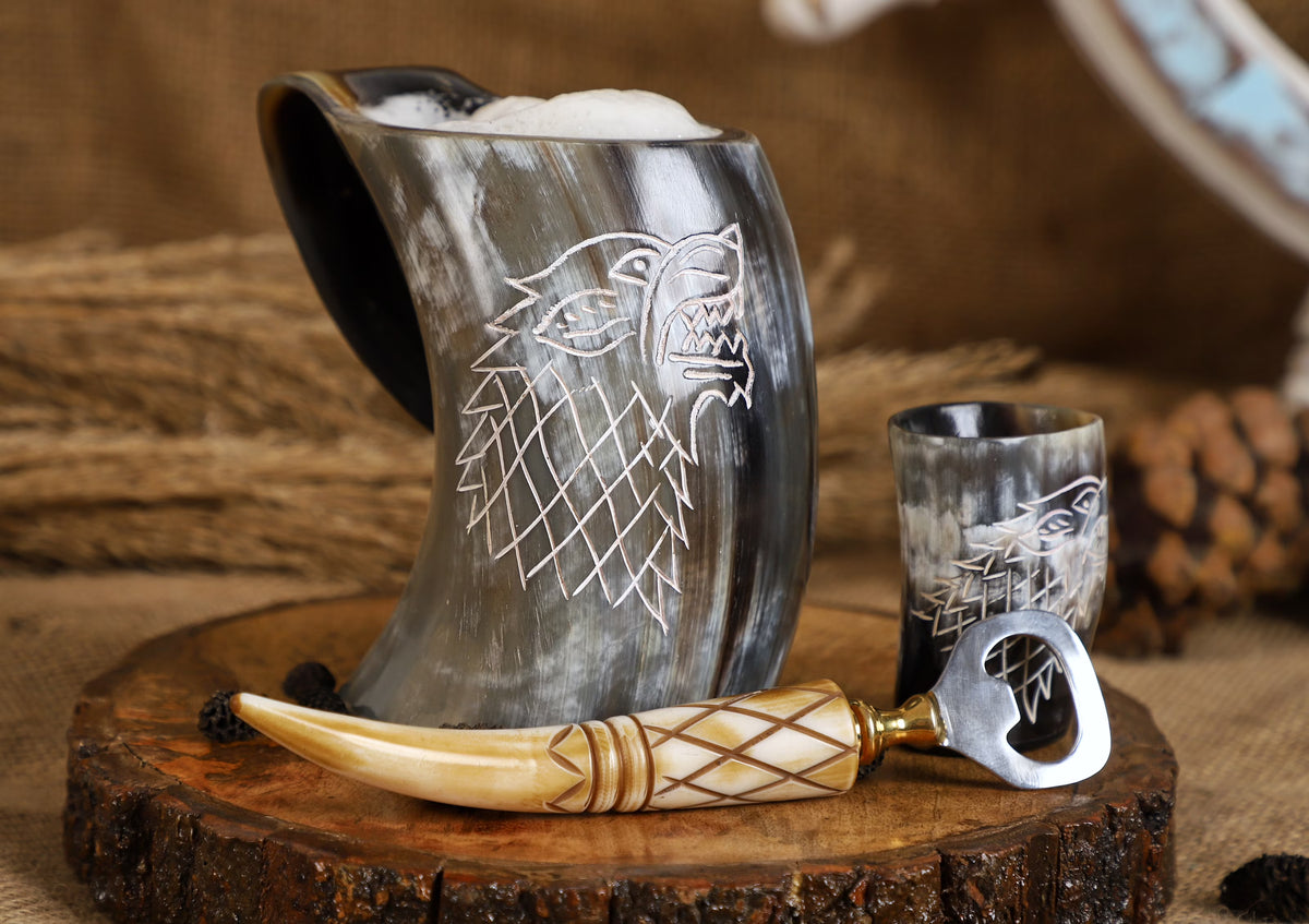 Genuine Viking Drinking Horn Mug with Bottle Opener, Shot Glass, Bag, 16 oz, 4 Pcs Set S775183