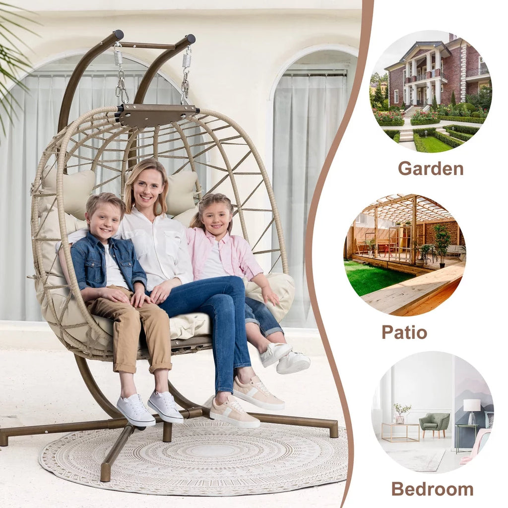 Beige Wicker Double Egg Chair with Stand J39377