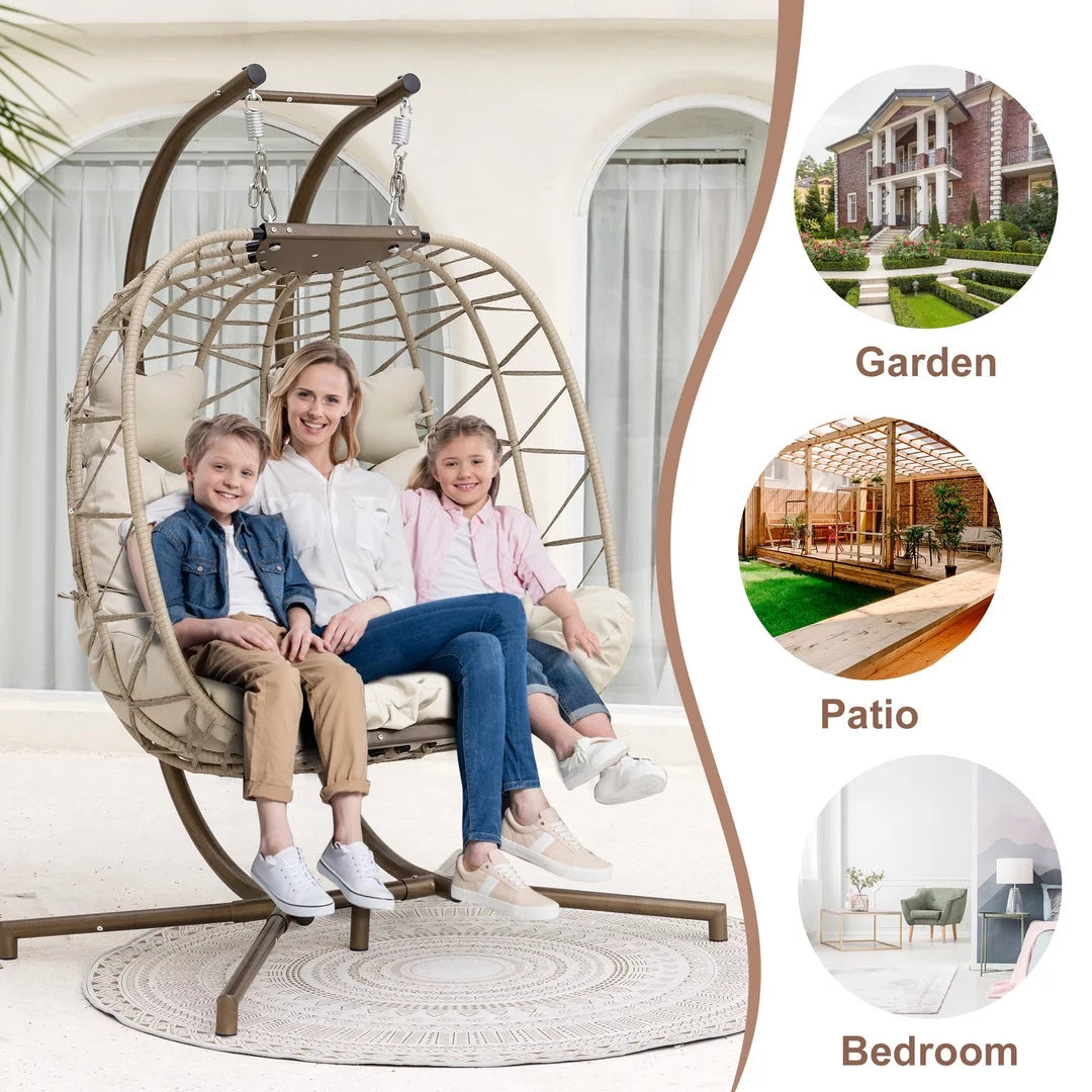 Beige Wicker Double Egg Chair with Stand J39377