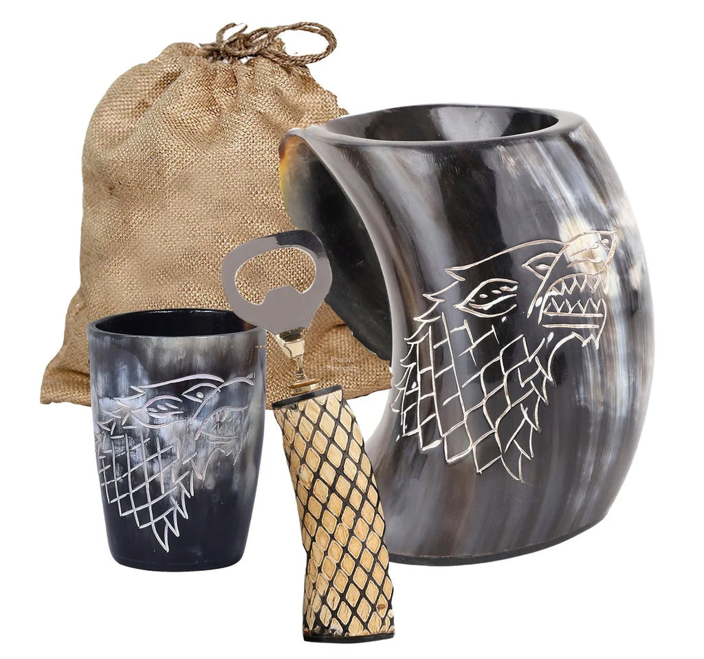 Genuine Viking Drinking Horn Mug with Bottle Opener, Shot Glass, Bag, 16 oz, 4 Pcs Set S775183