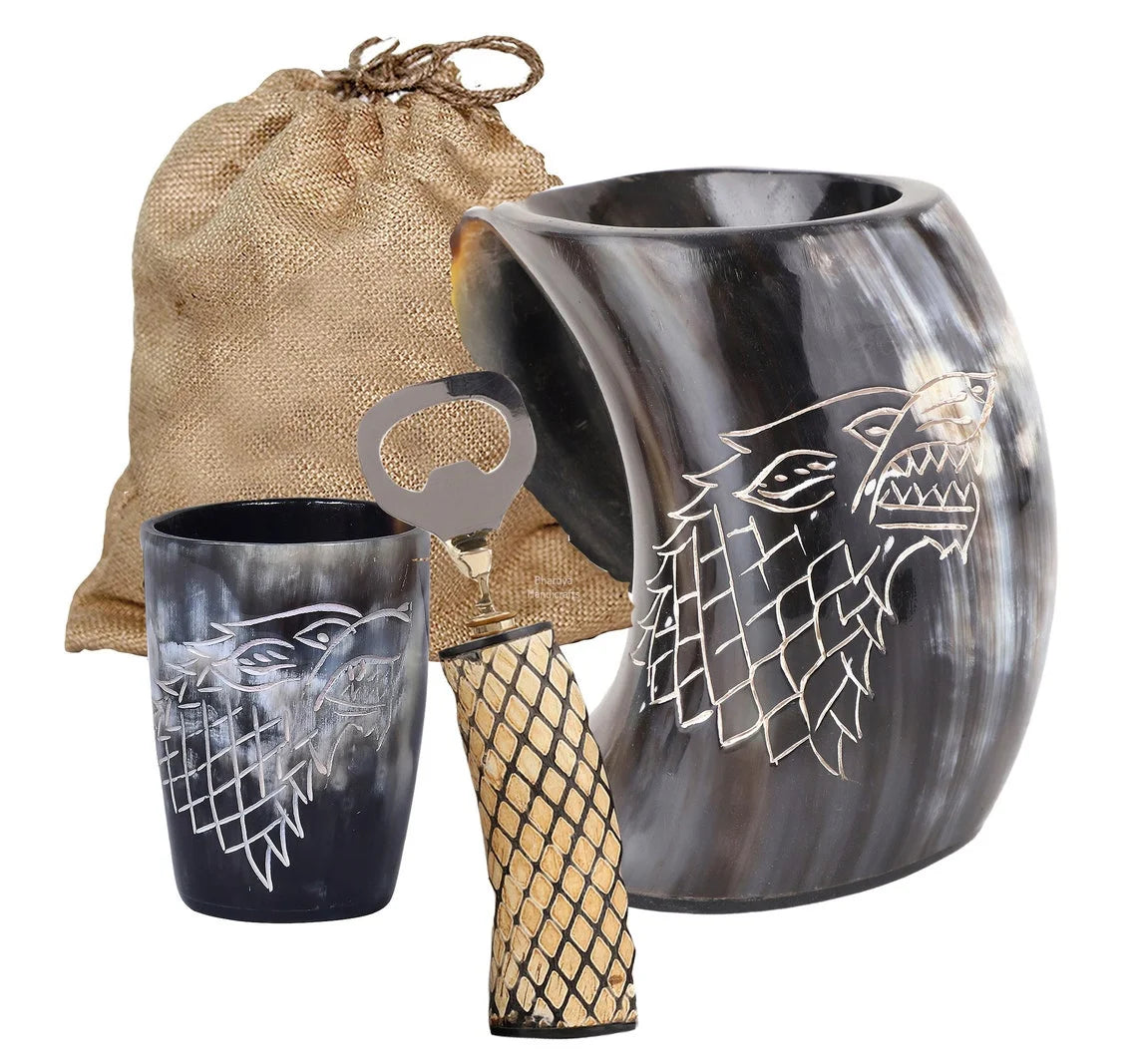 Genuine Viking Drinking Horn Mug with Bottle Opener, Shot Glass, Bag, 16 oz, 4 Pcs Set S775183