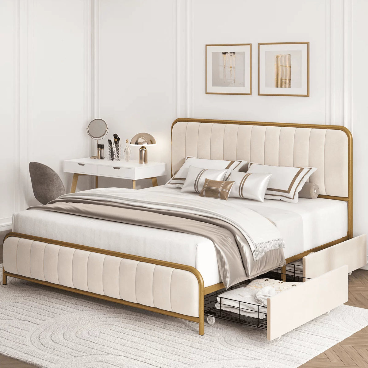 Queen Size Beige Upholstered Platform Bed with 4 Storage Drawers Q7712