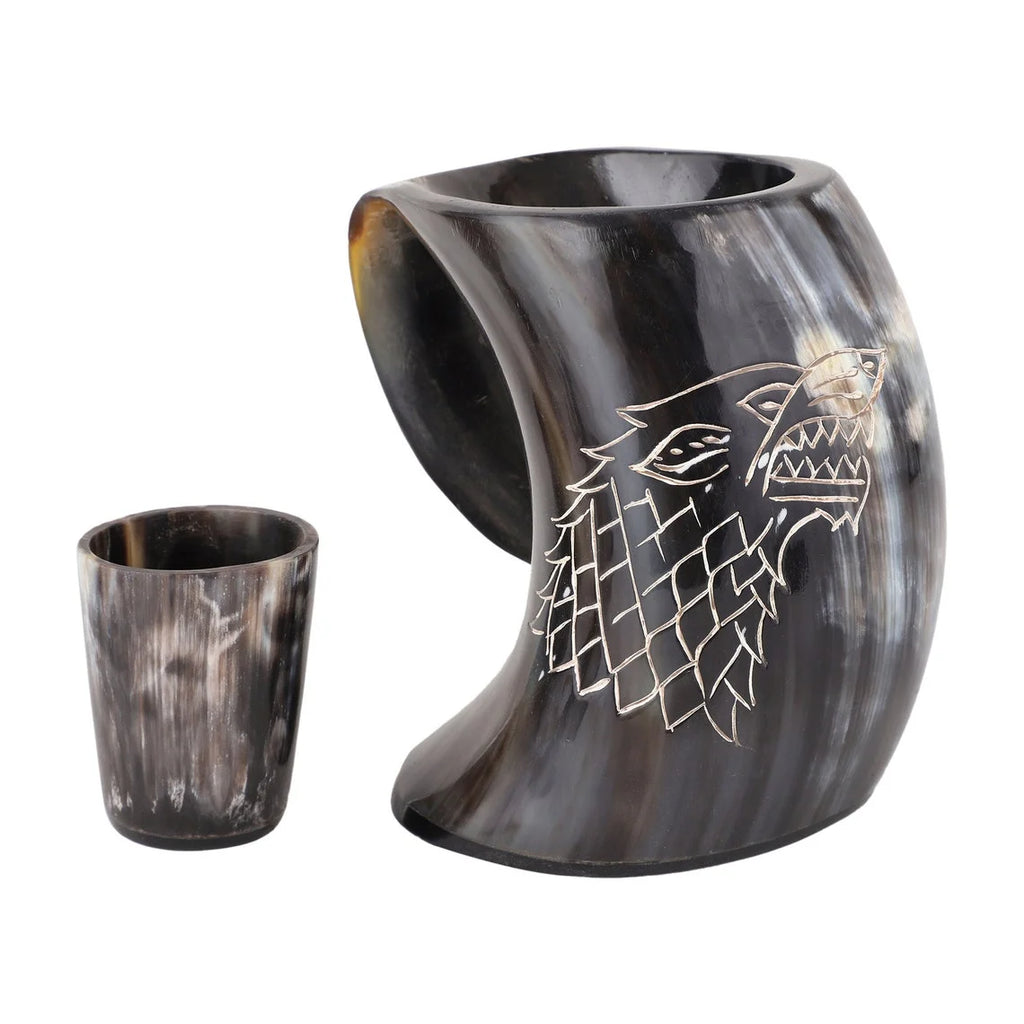 Genuine Viking Drinking Horn Mug with Bottle Opener, Shot Glass, Bag, 16 oz, 4 Pcs Set S775183