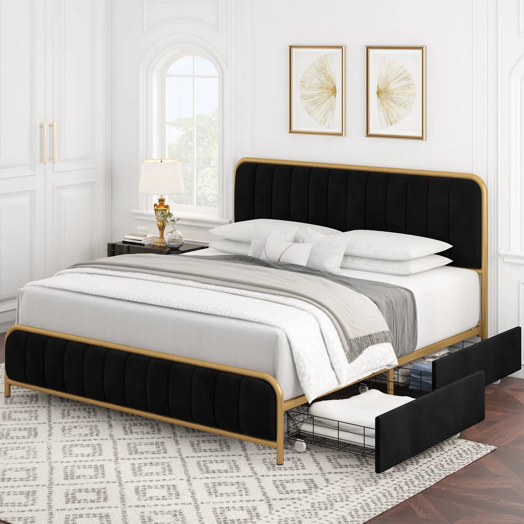 Queen Size Beige Upholstered Platform Bed with 4 Storage Drawers Q7712