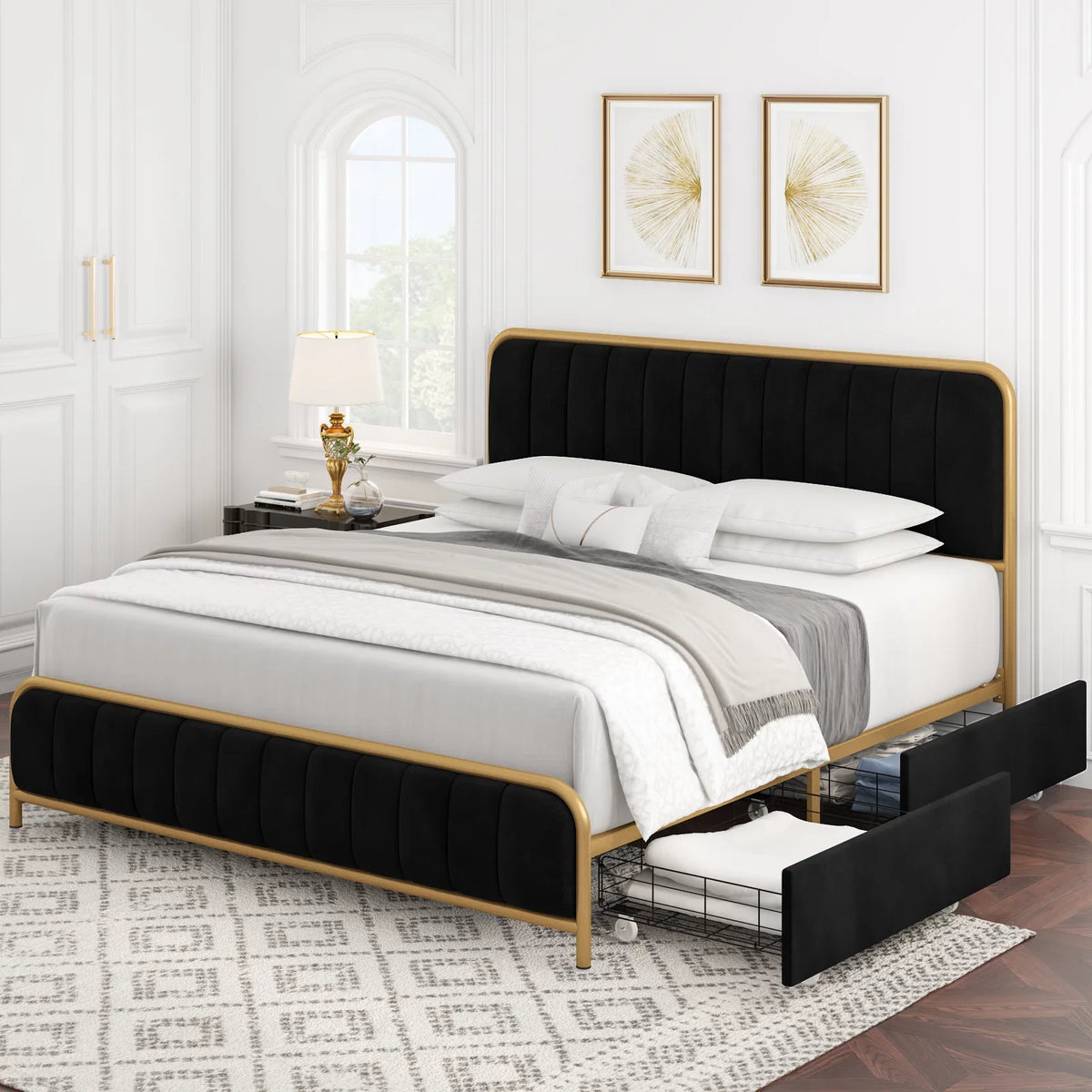 Queen Size Beige Upholstered Platform Bed with 4 Storage Drawers Q7712