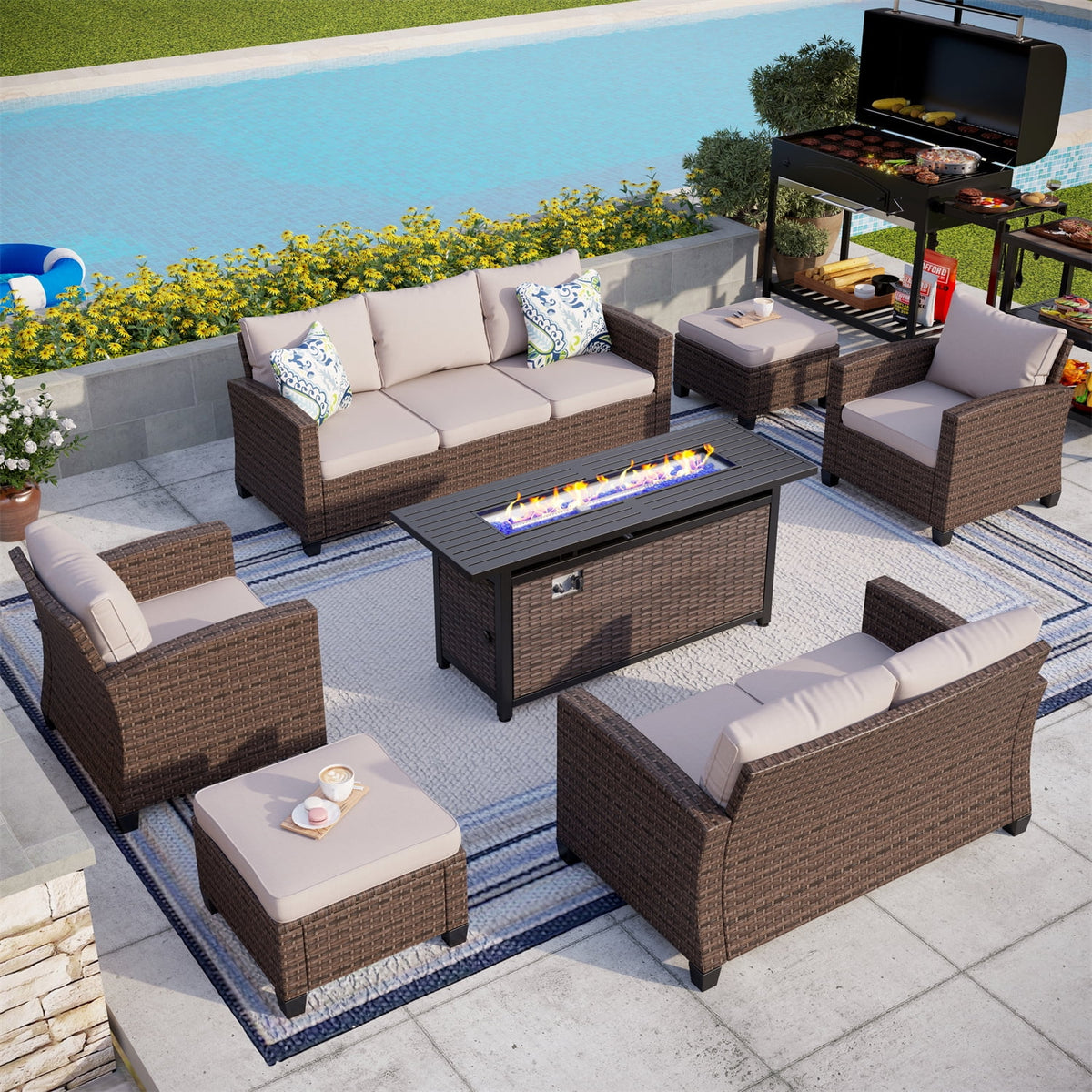 Beige 9-Seat Outdoor Patio Furniture Set with Fire Pit Table H8025