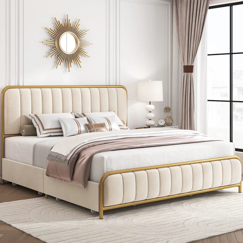 Queen Size Beige Upholstered Platform Bed with 4 Storage Drawers Q7712