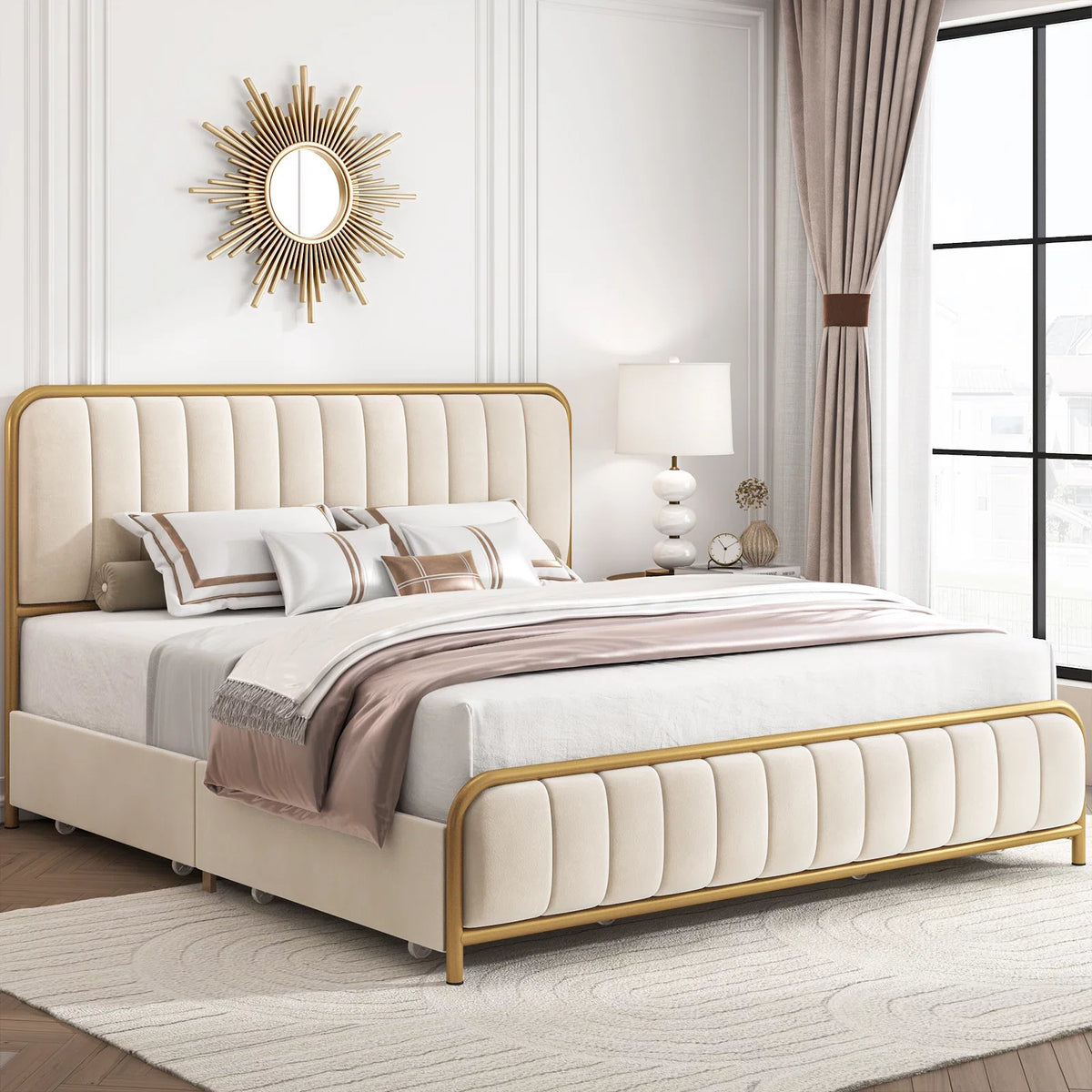 Queen Size Beige Upholstered Platform Bed with 4 Storage Drawers Q7712