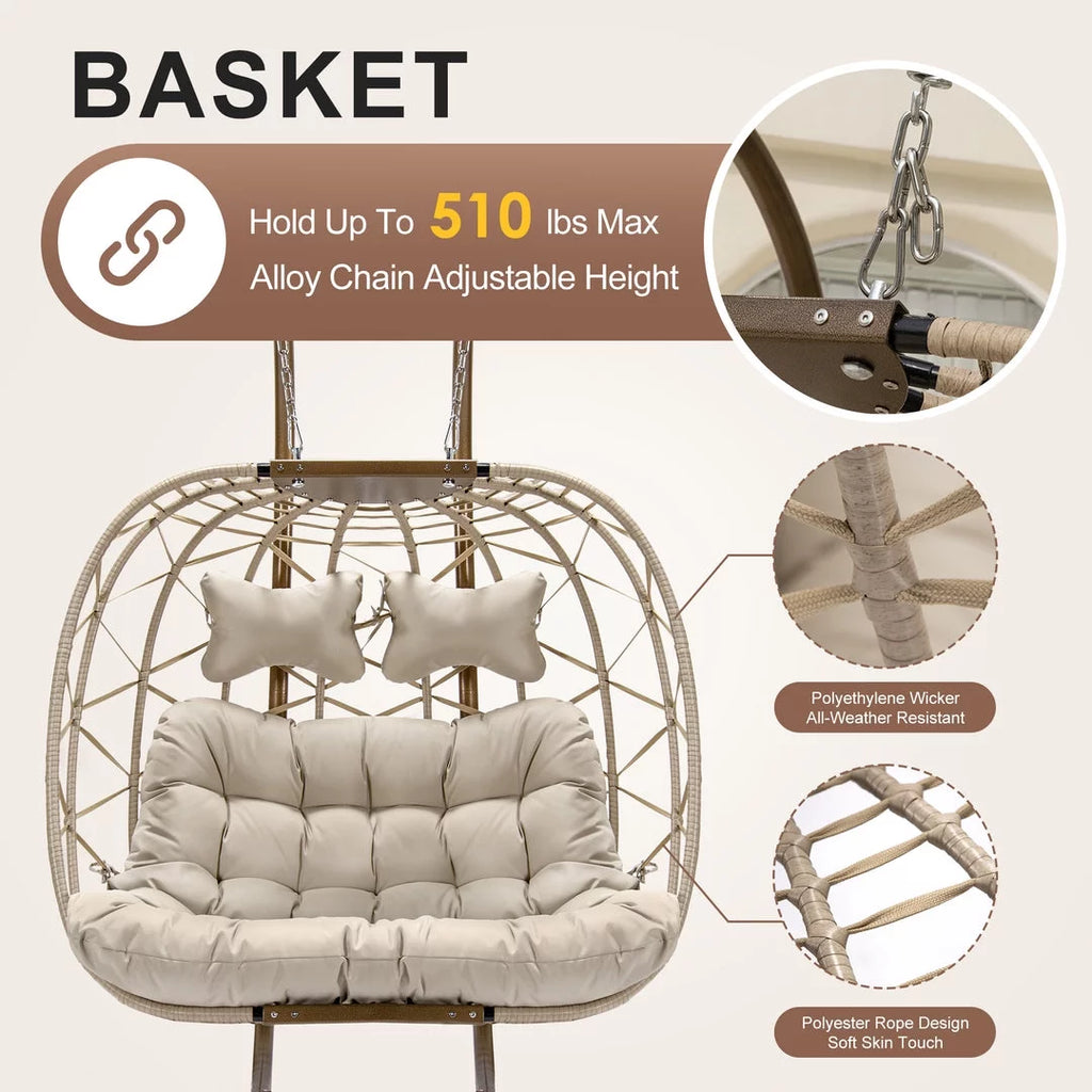 Beige Wicker Double Egg Chair with Stand J39377