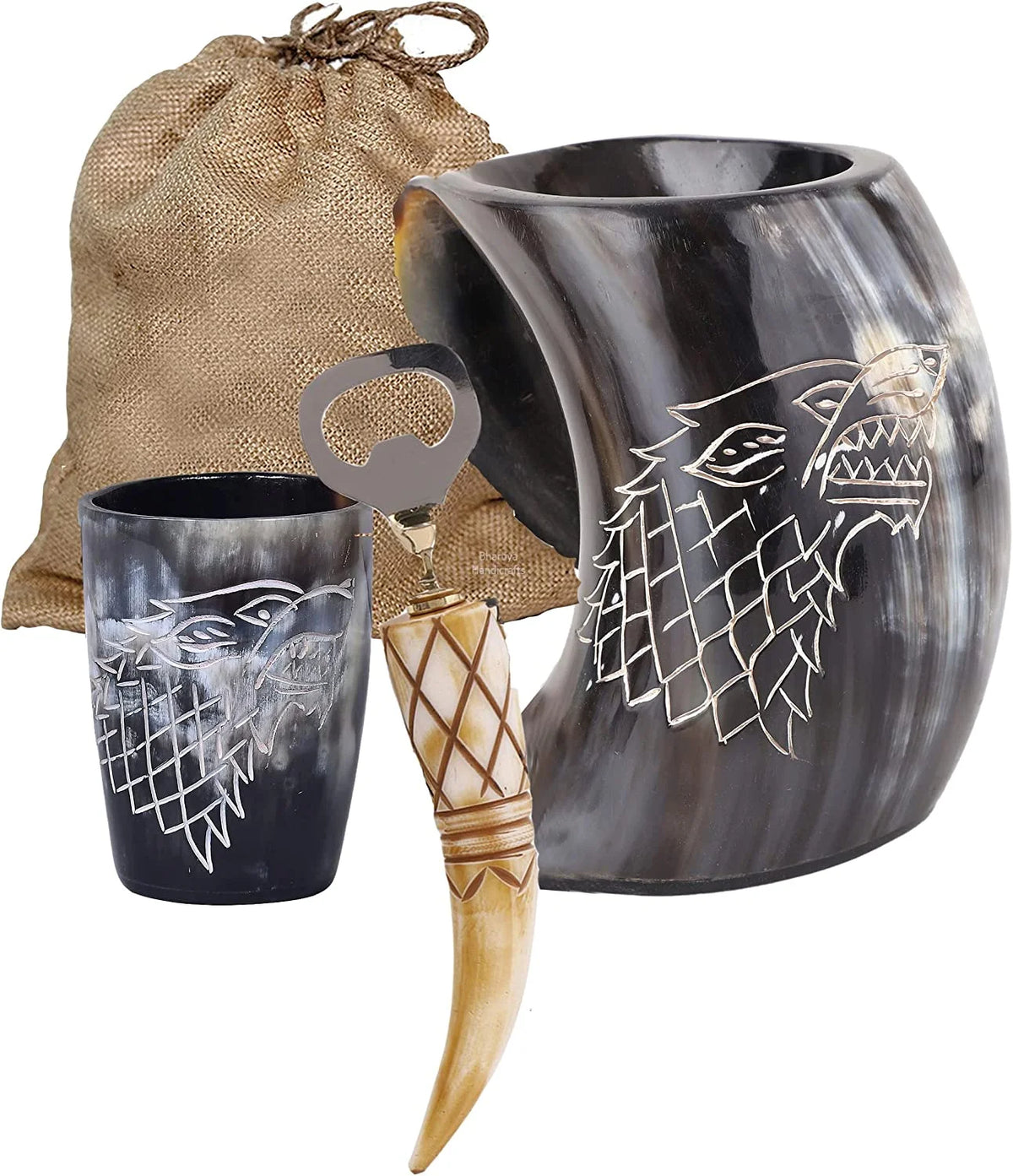 Genuine Viking Drinking Horn Mug with Bottle Opener, Shot Glass, Bag, 16 oz, 4 Pcs Set S775183
